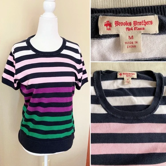 Brooks Brothers Women’s 100% Supima Cotton Navy Blue Pink Green Striped Knit Top - Picture 1 of 6